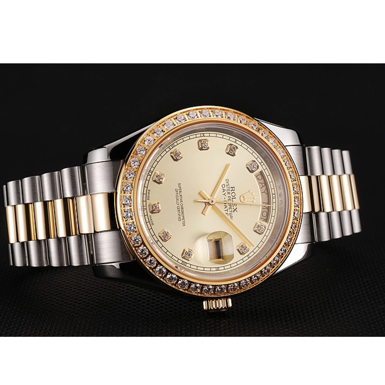 Aaa fake watches Day-Date Swiss Diamond Dial 1453974 Two Gold Tone Bracelet Rolex Stainless Steel Champagne Case 0614
